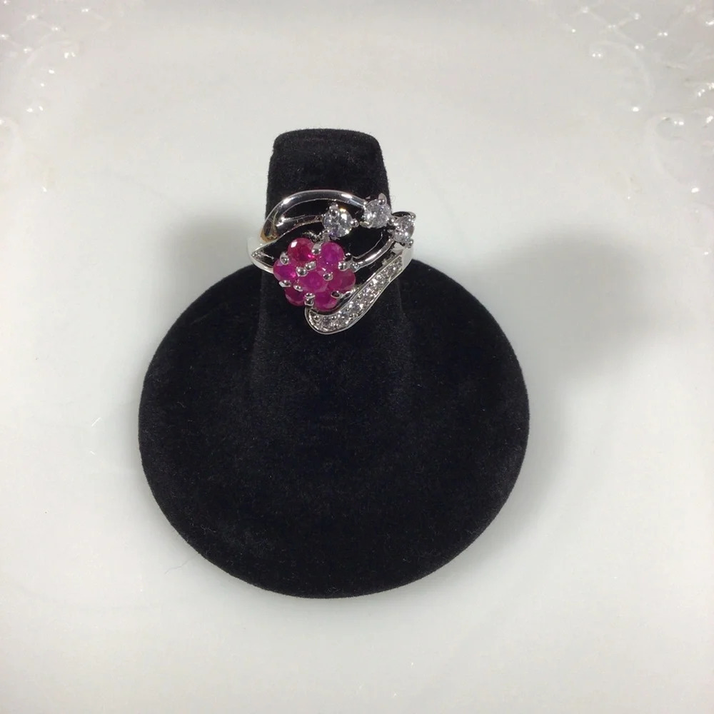 Gorgeous Pave Cubic Zirconia and Ruby Flower Silver Fashion Ring - Size 8